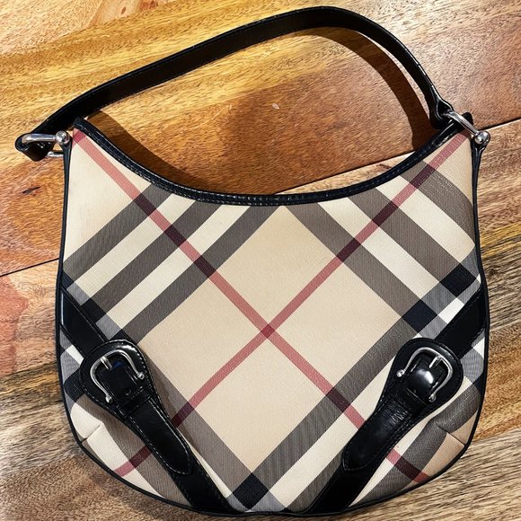 BURBERRY Black & Beige Nova Check Coated Canvas Hobo - Picture 1 of 7